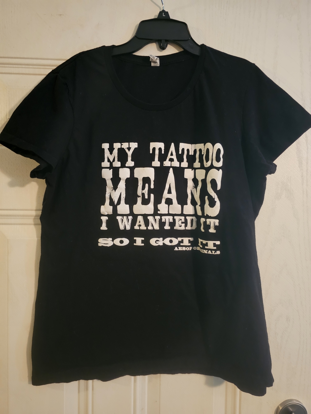 Alstyle Black Short Sleeve Tee with White Tattoo Slogan